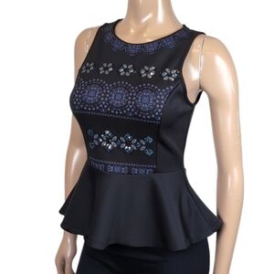 💠Koaj Glam Peplum Top Embellished Sequin Beaded Scuba Sleeveless Mandala Print